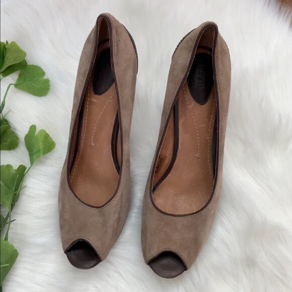 Fossil | Tan Suede Leather Peep Toe Pump Heels Size 9.5 Brown Open Toe Shoes - Picture 6 of 12